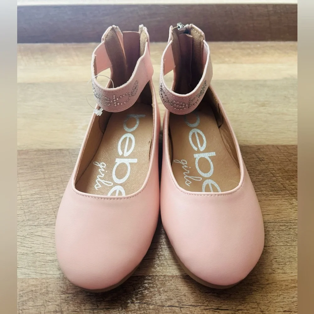 Bebe Girls Pink Shoes Ballet Flats with Rhinestone Studded Ankle straps,Size 10